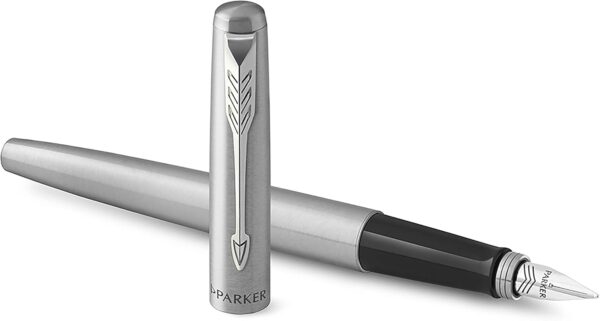 ⁦Parker Jotter Duo Gift Set with Ballpoint Pen & Fountain Pen, Stainless Steel with Chrome Trim, Blue Ink Refill & Cartridges, Gift Box⁩ - الصورة ⁦2⁩